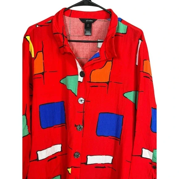 Ali Miles Red Geometric Abstract Button Front‎ Tunic Wired Collar Art to Wear XL - Picture 3 of 11